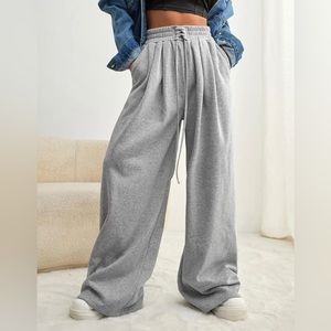 Lace Up Waist Wide Leg Sweatpants in Grey